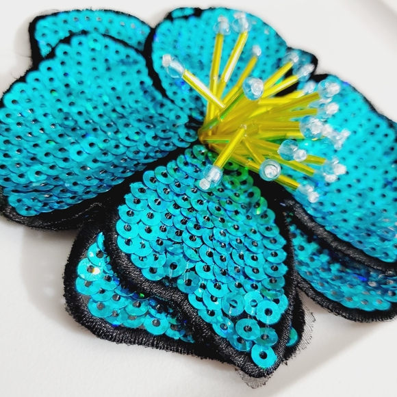 3D hibiscus beaded applique flower sew on iron on patch sequins tropical - Picture 7 of 13